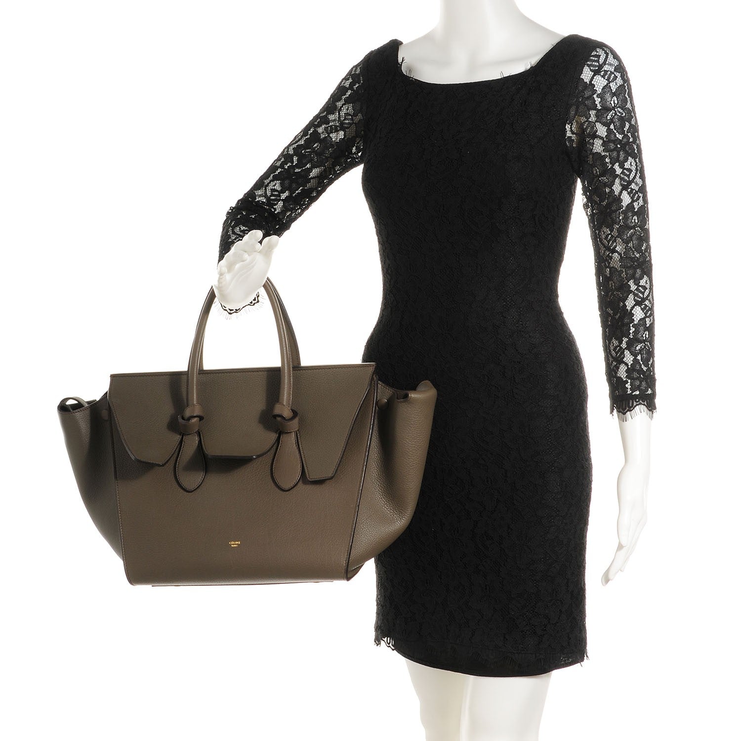 Celine Grained Calfskin Tie Knot Small Tote Dark Khaki 2 of 8