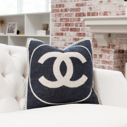 Chanel Merino Wool Cashmere CC Pillow White Navy Blue 2 of 8