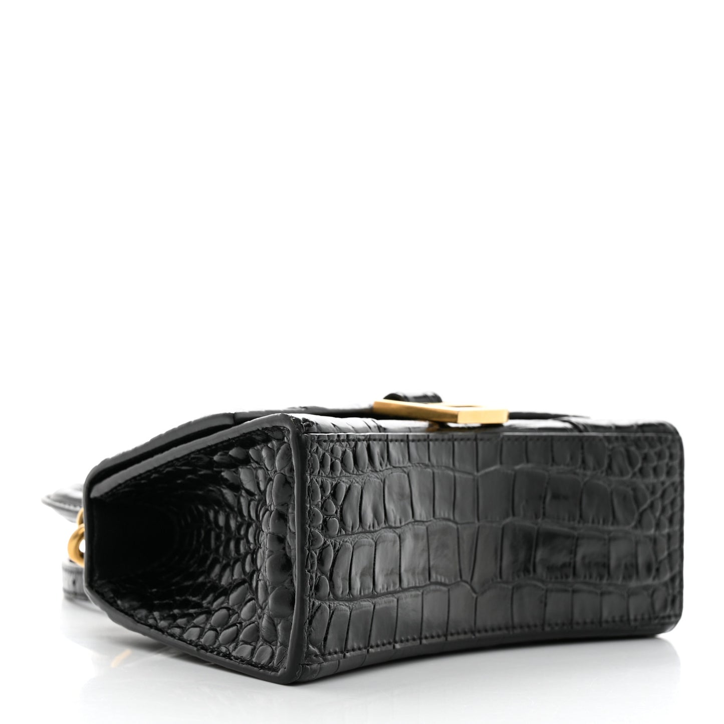 Shiny Calfskin Crocodile Embossed Hourglass Top Handle Bag XS Black