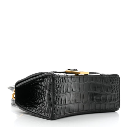 Balenciaga Shiny Calfskin Crocodile Embossed Hourglass Top Handle Bag XS Black 4 of 11