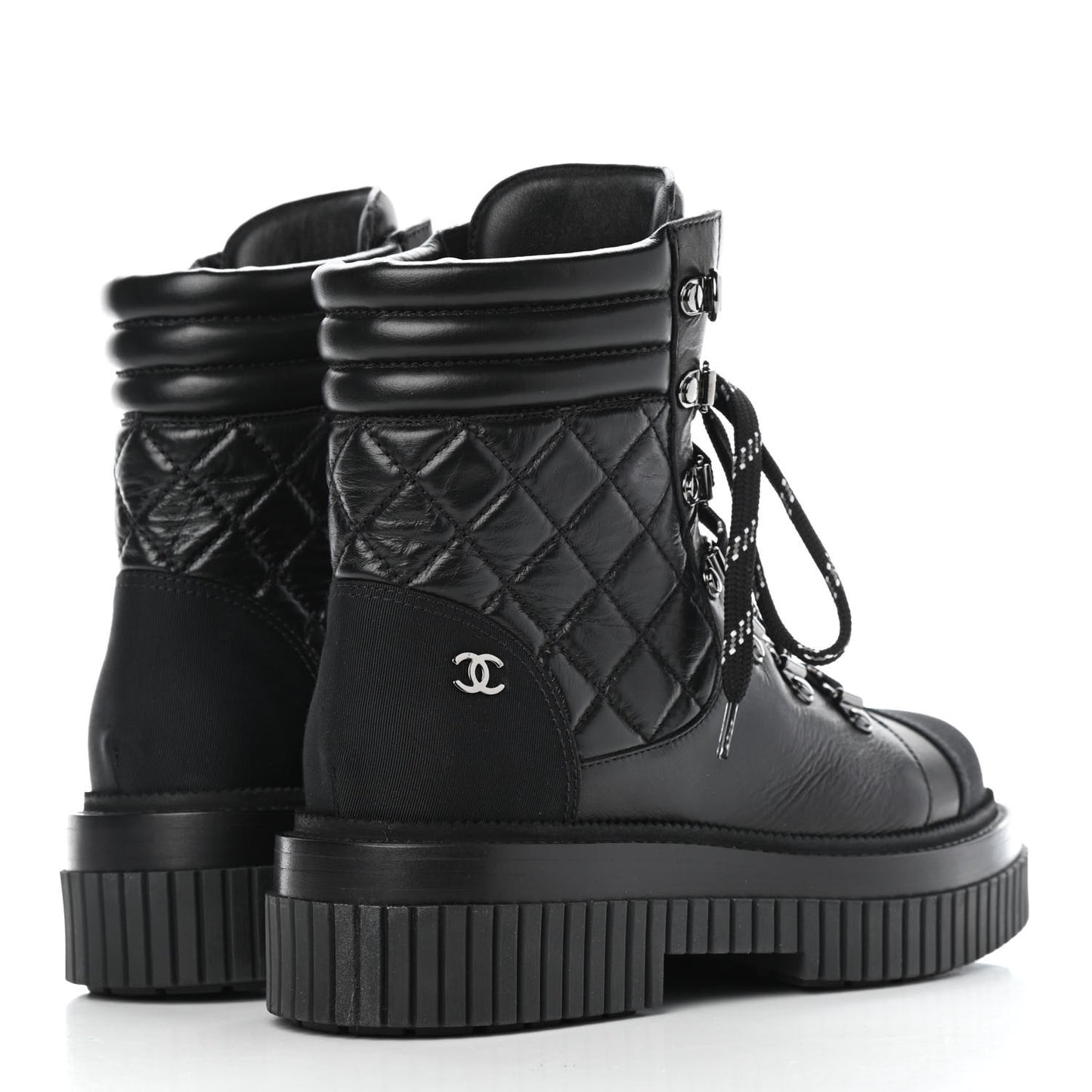 Calfskin Grosgrain Quilted Lace Up Boots 36.5 Black Grey