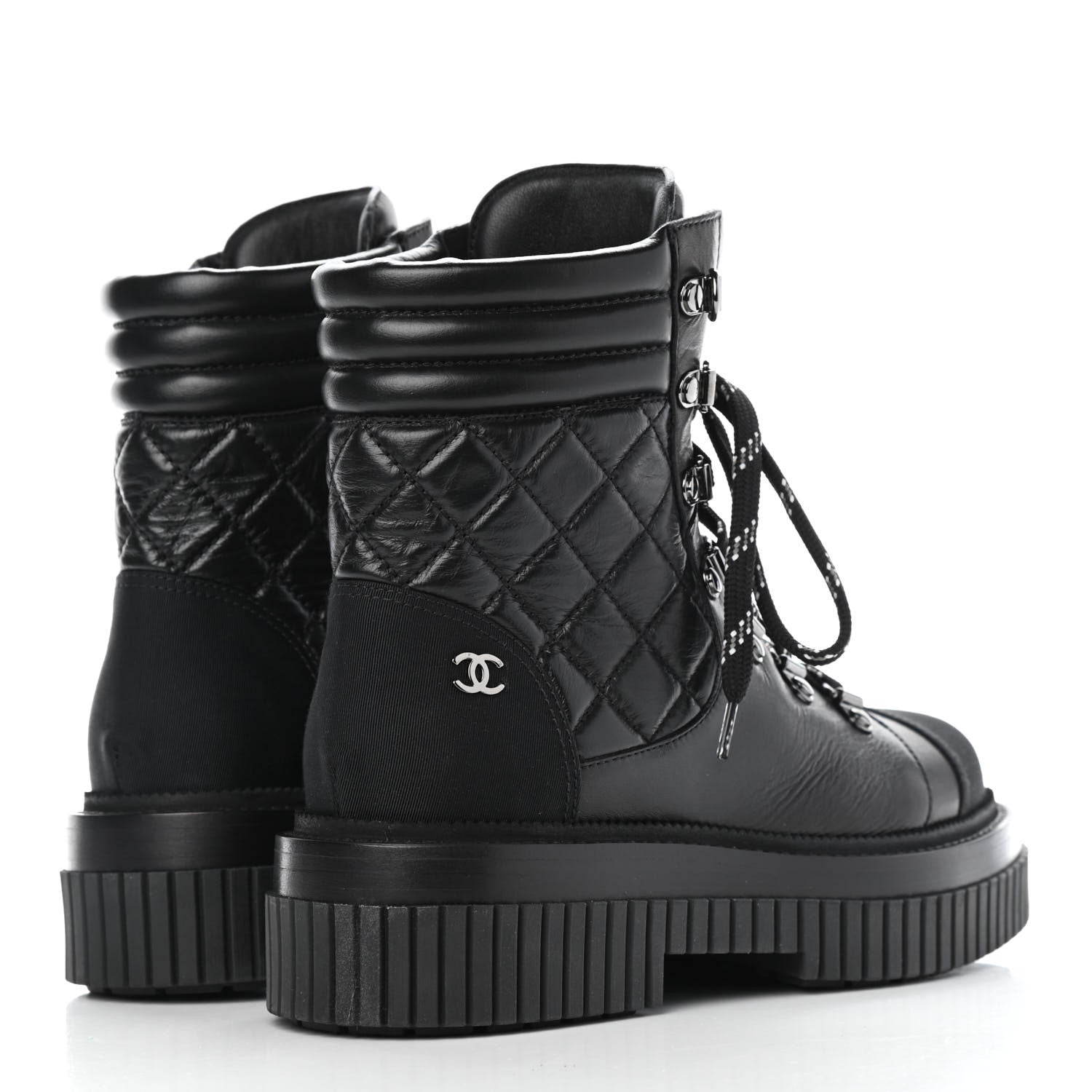 Chanel Calfskin Grosgrain Quilted Lace Up Boots 36.5 Black Grey 3 of 4