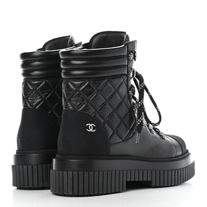 Chanel Calfskin Grosgrain Quilted Lace Up Boots 36.5 Black Grey 3 of 4