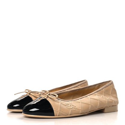 Chanel Lambskin Patent Double Stitched CC Cap Toe Ballerina Flats 40 Beige Black 4 of 9