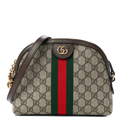 Gucci GG Supreme Monogram Textured Dollar Calfskin Web Small Ophidia Dome Shoulder Bag Beige Ebony New Acero 1 of 12