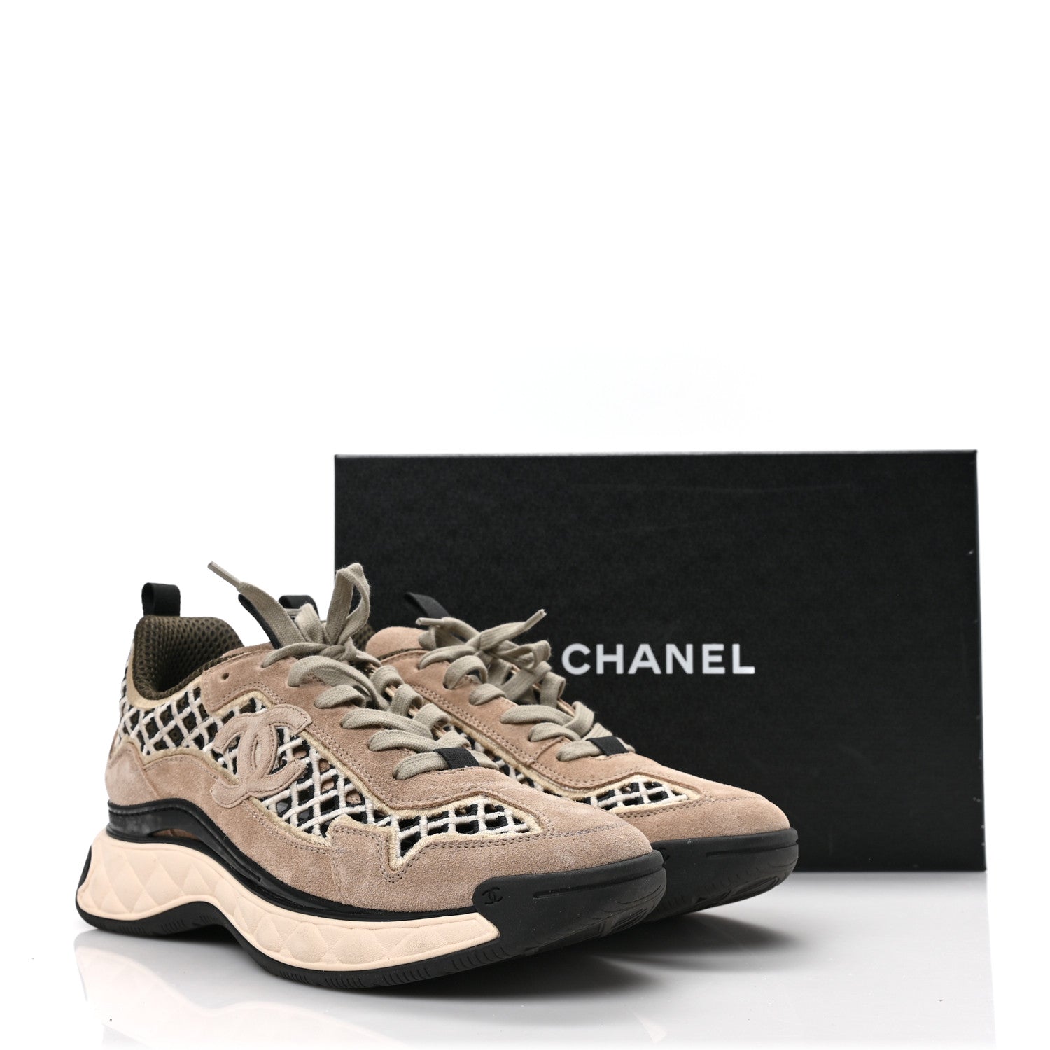 Chanel Suede Calfskin Embroidered CC Sneakers 41 Beige Black 8 of 8