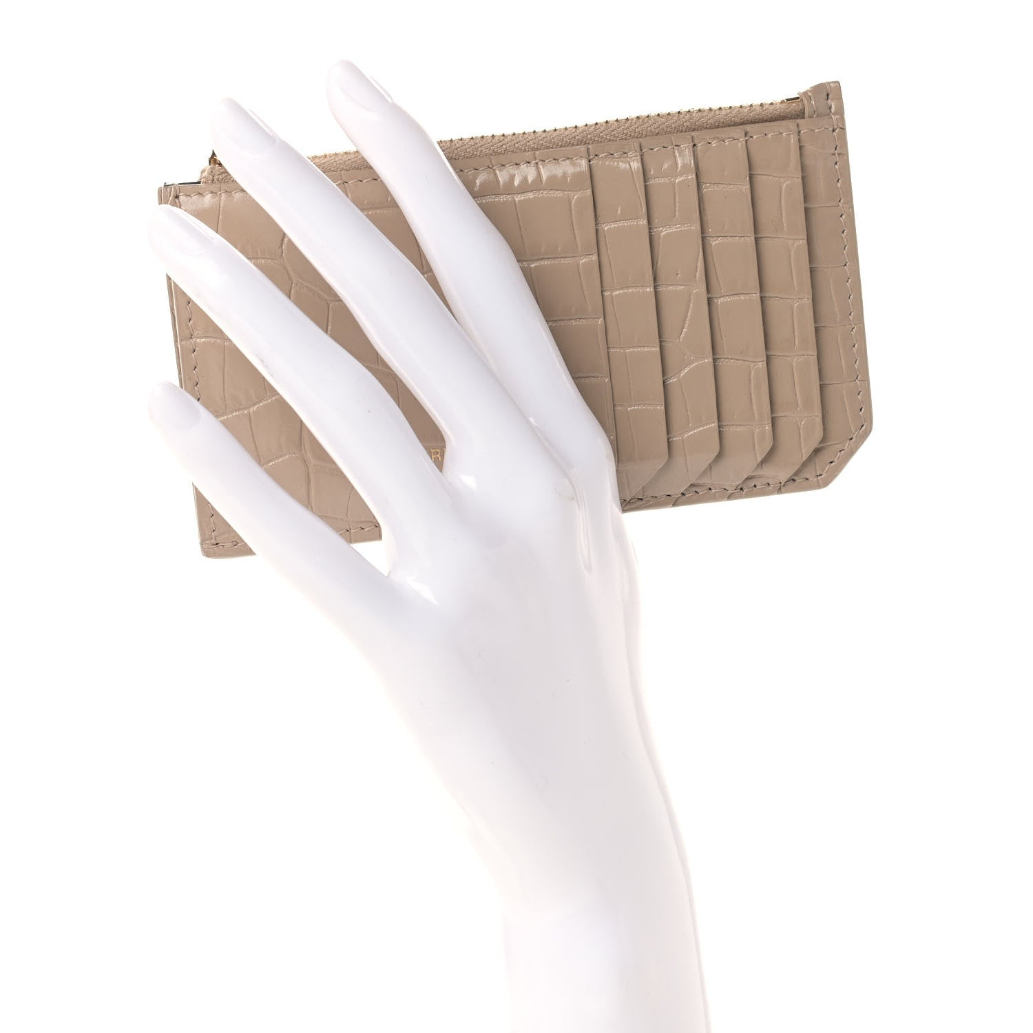 Saint Laurent Calfskin Crocodile Embossed 5 Fragments Zip Pouch Card Holder Dark Beige 2 of 7
