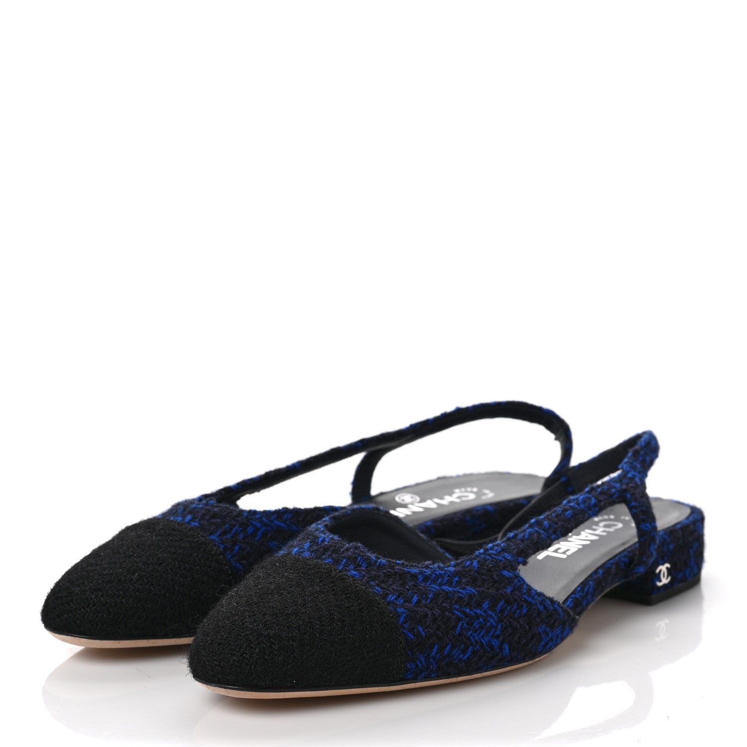 CHANEL パンプス　ネイビー　37C Chanel Tweed Cap Toe Slingback Flats 39 Blue Black 1116185