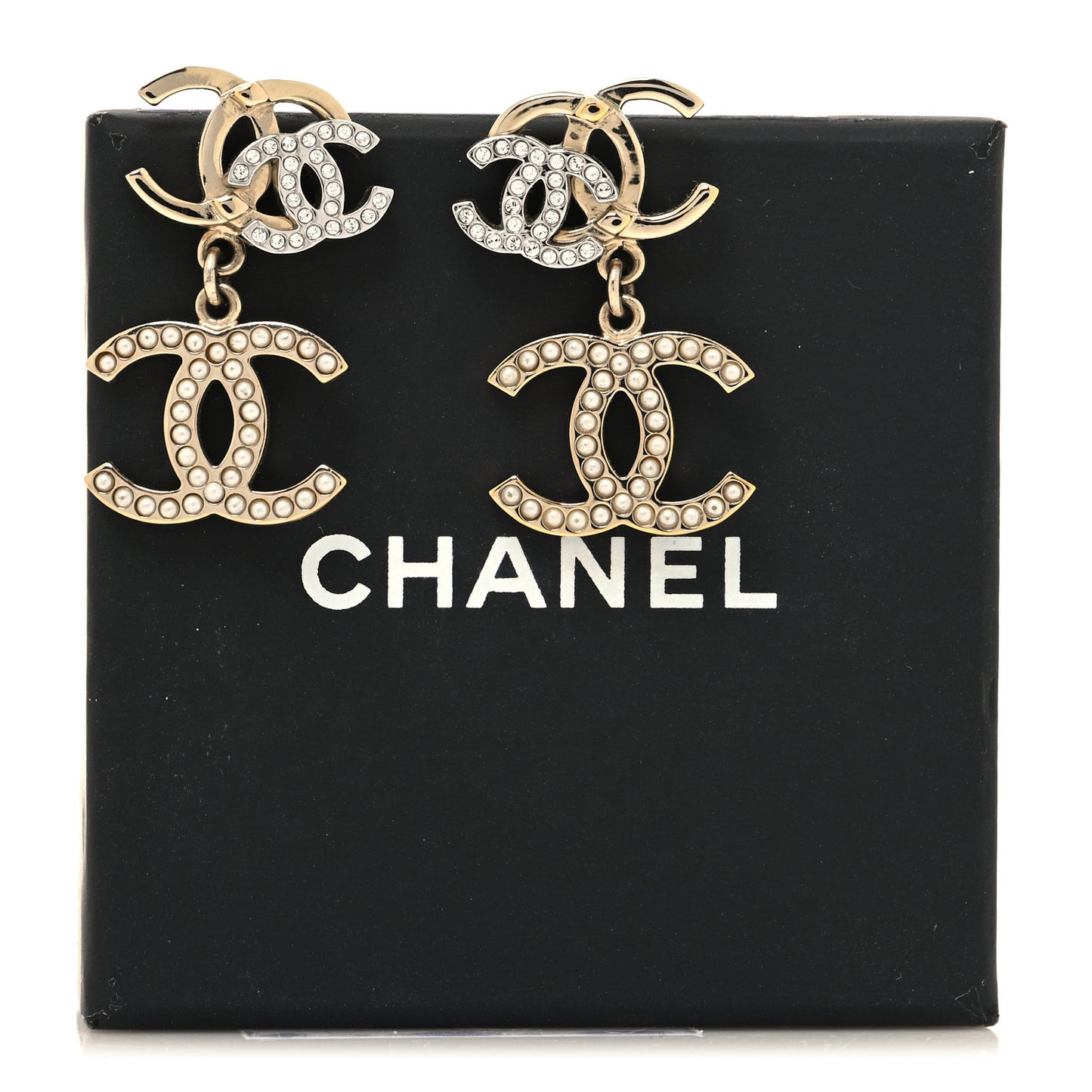 Crystal Pearl Double CC Drop Earrings Gold Silver