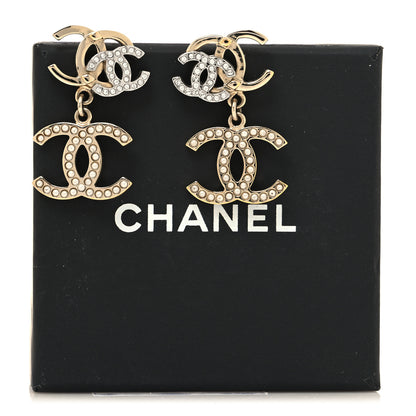 Chanel Crystal Pearl Double CC Drop Earrings Gold Silver 5 of 5