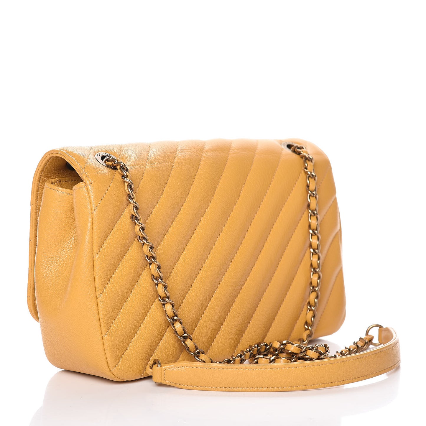 Shiny Goatskin Diagonal Quilted Small Flap Yellow