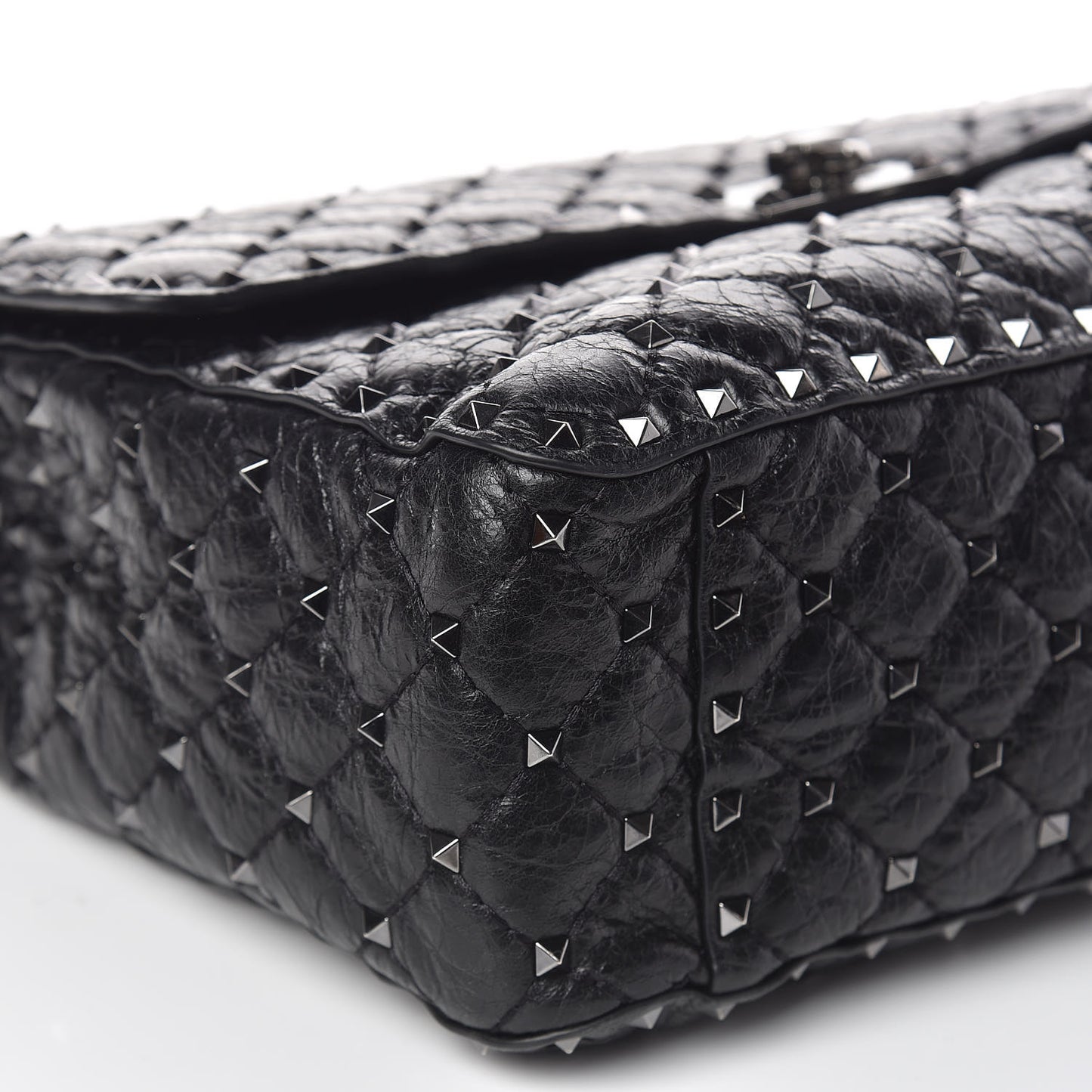 Craquele Nappa Large Rockstud Spike Shoulder Bag Black