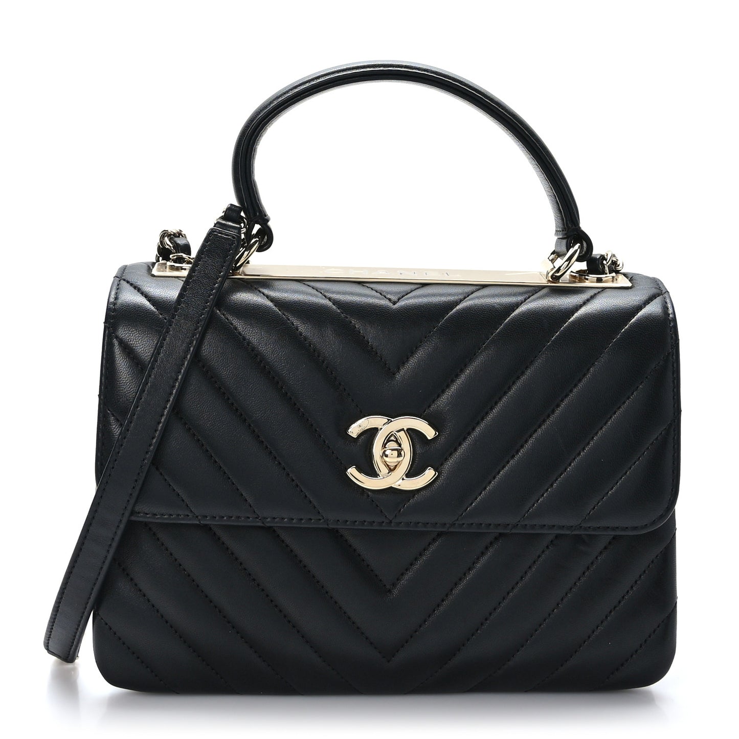 Lambskin Chevron Quilted Small Trendy CC Dual Handle Flap Bag Black