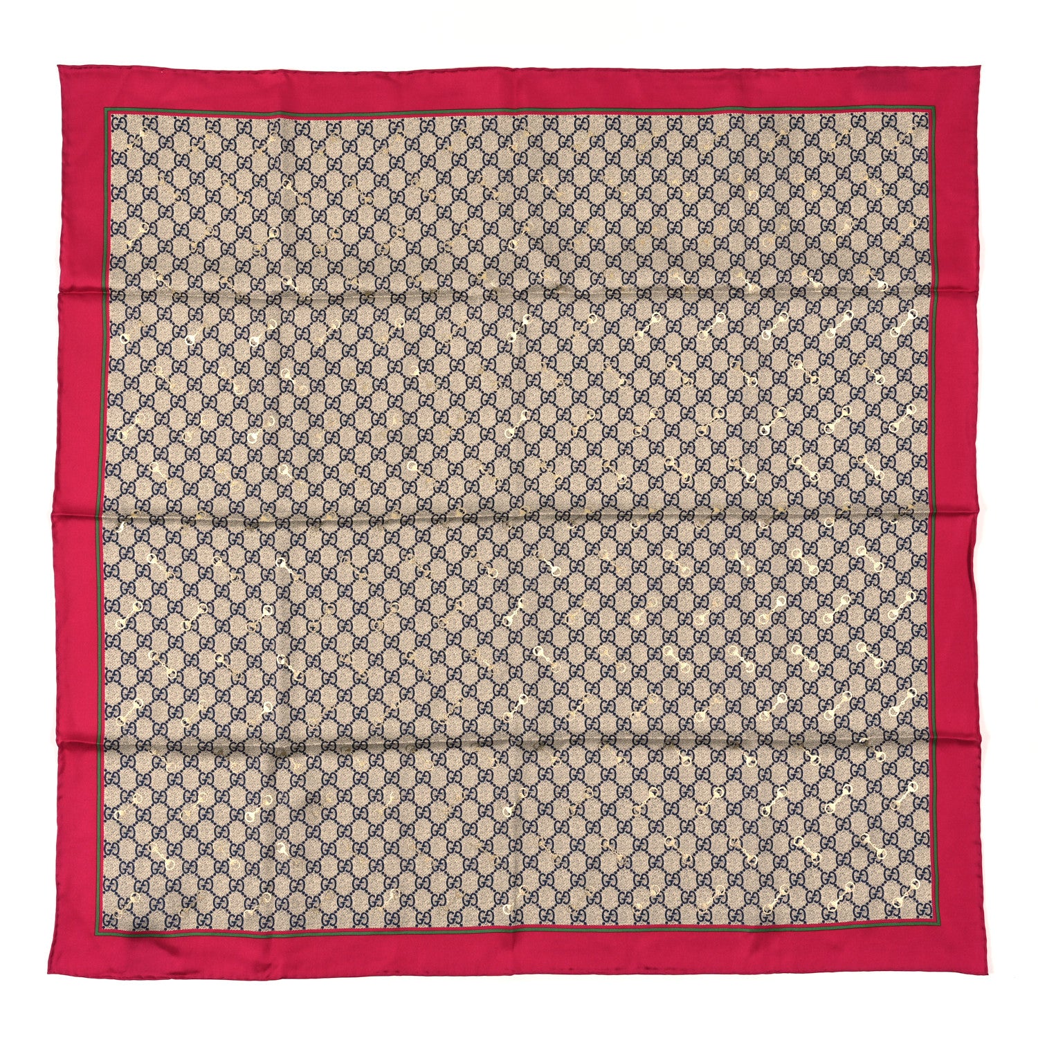 Gucci Silk Twill GG Monogram GG Gold Horsebit Square Scarf Beige Red 1 of 3