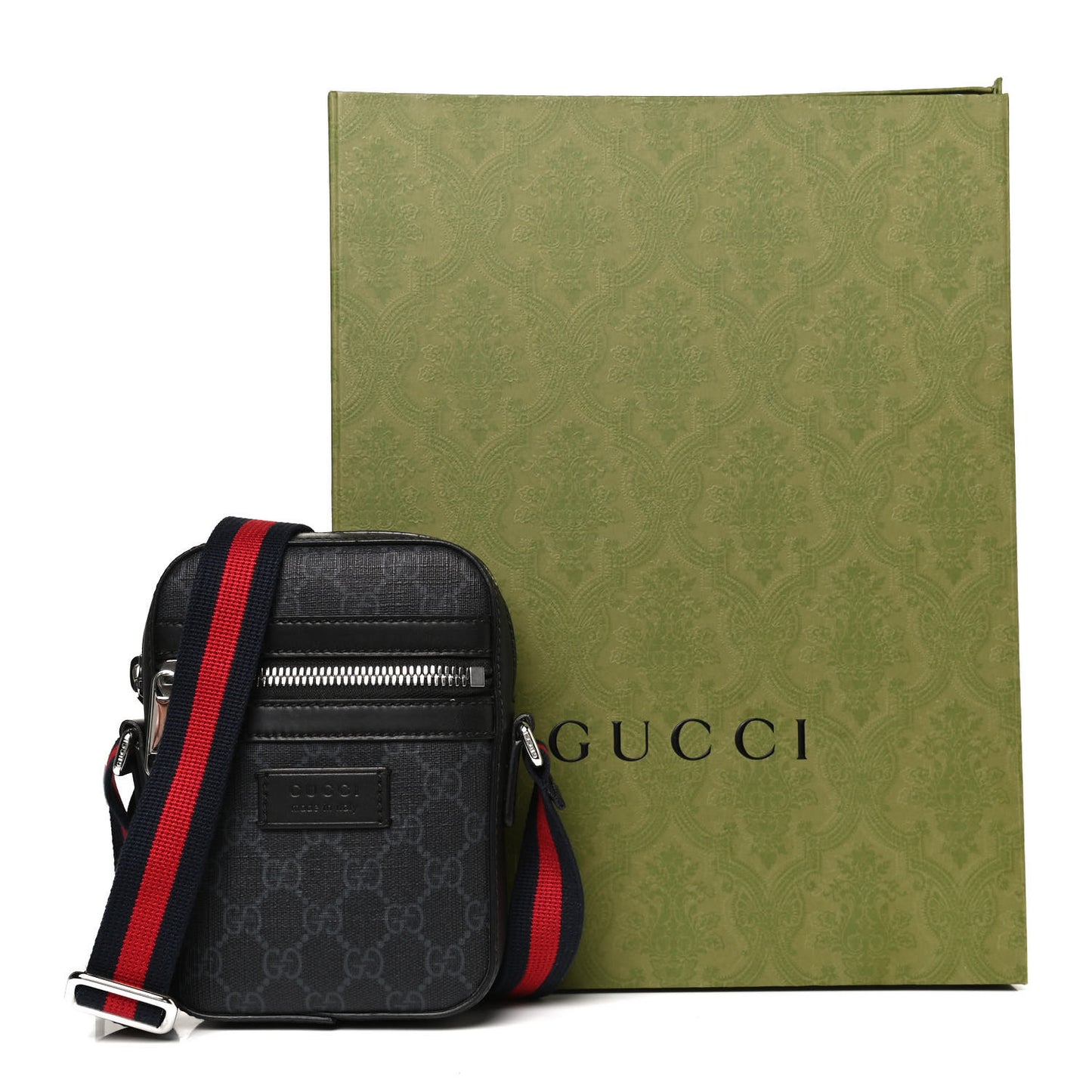 GG Supreme Monogram Appia Calfskin Web Small Camera Messenger Bag Black Grey