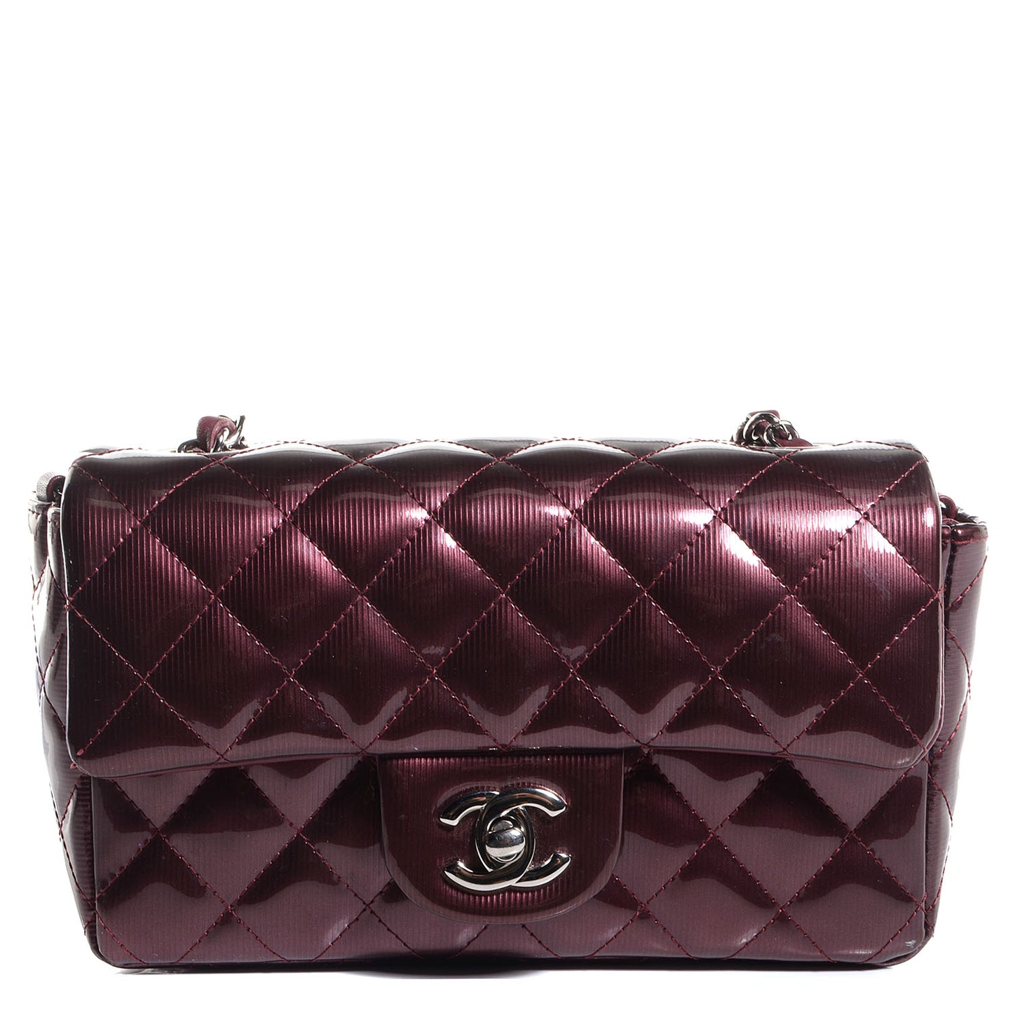 Striated Patent Quilted Mini Rectangular Flap Burgundy