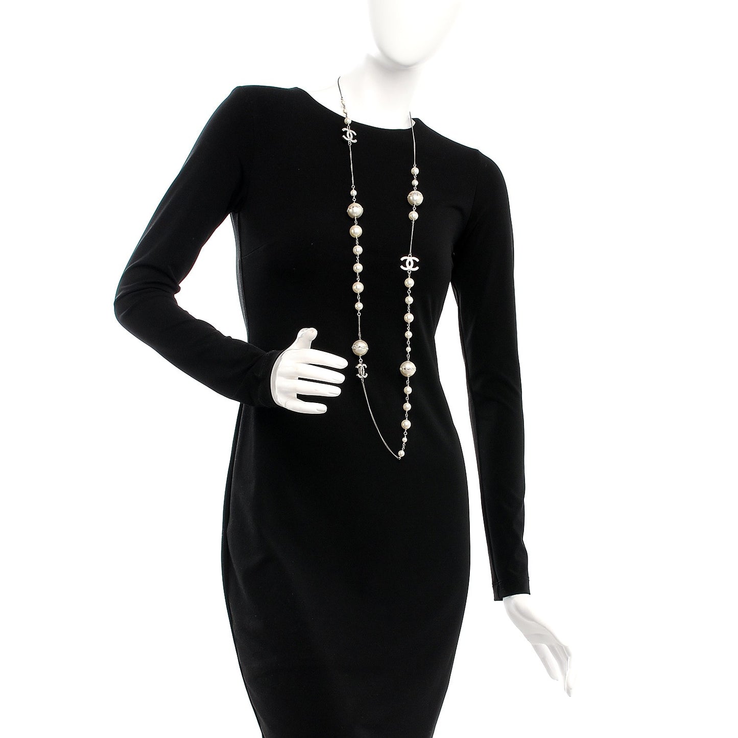 Pearl Baguette Crystal CC Long Necklace Silver