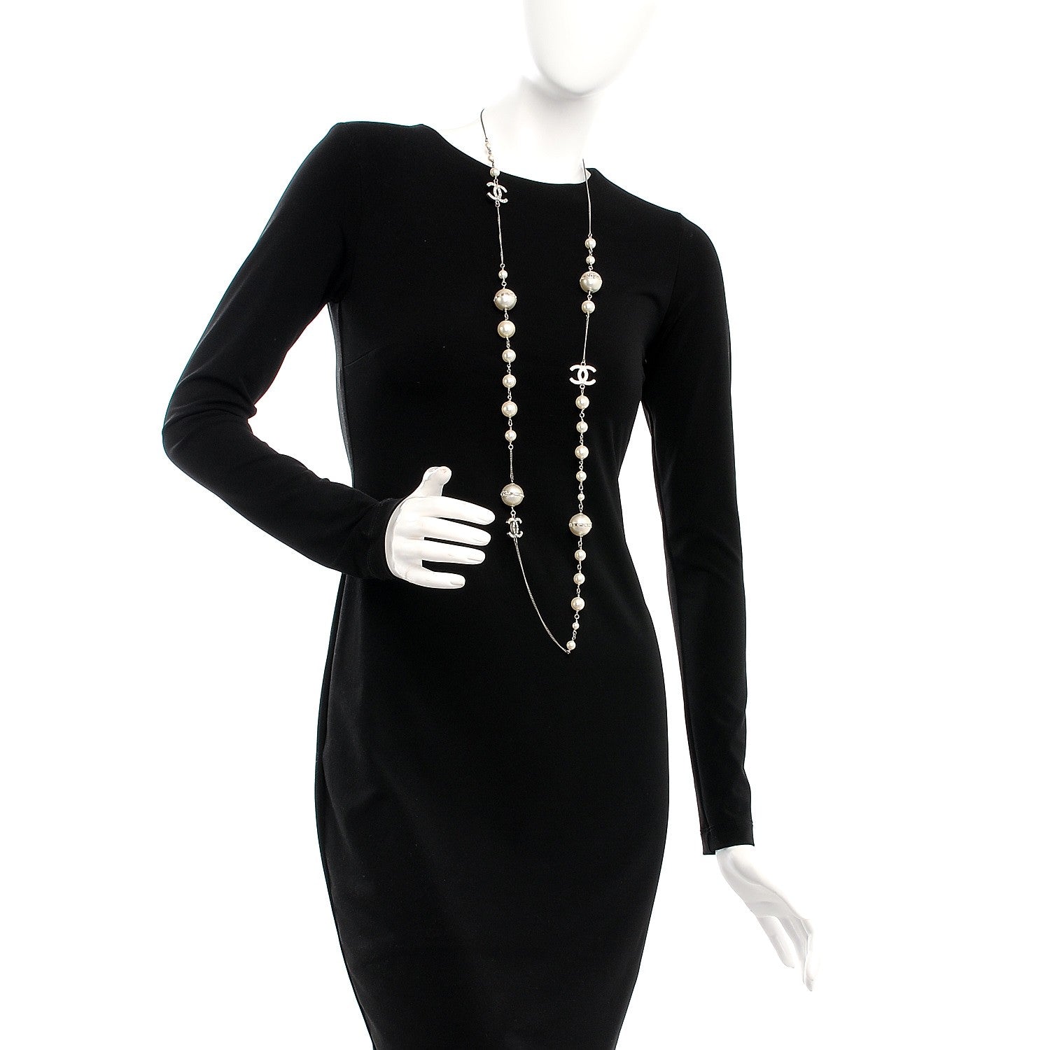 Chanel Pearl Baguette Crystal CC Long Necklace Silver 2 of 5