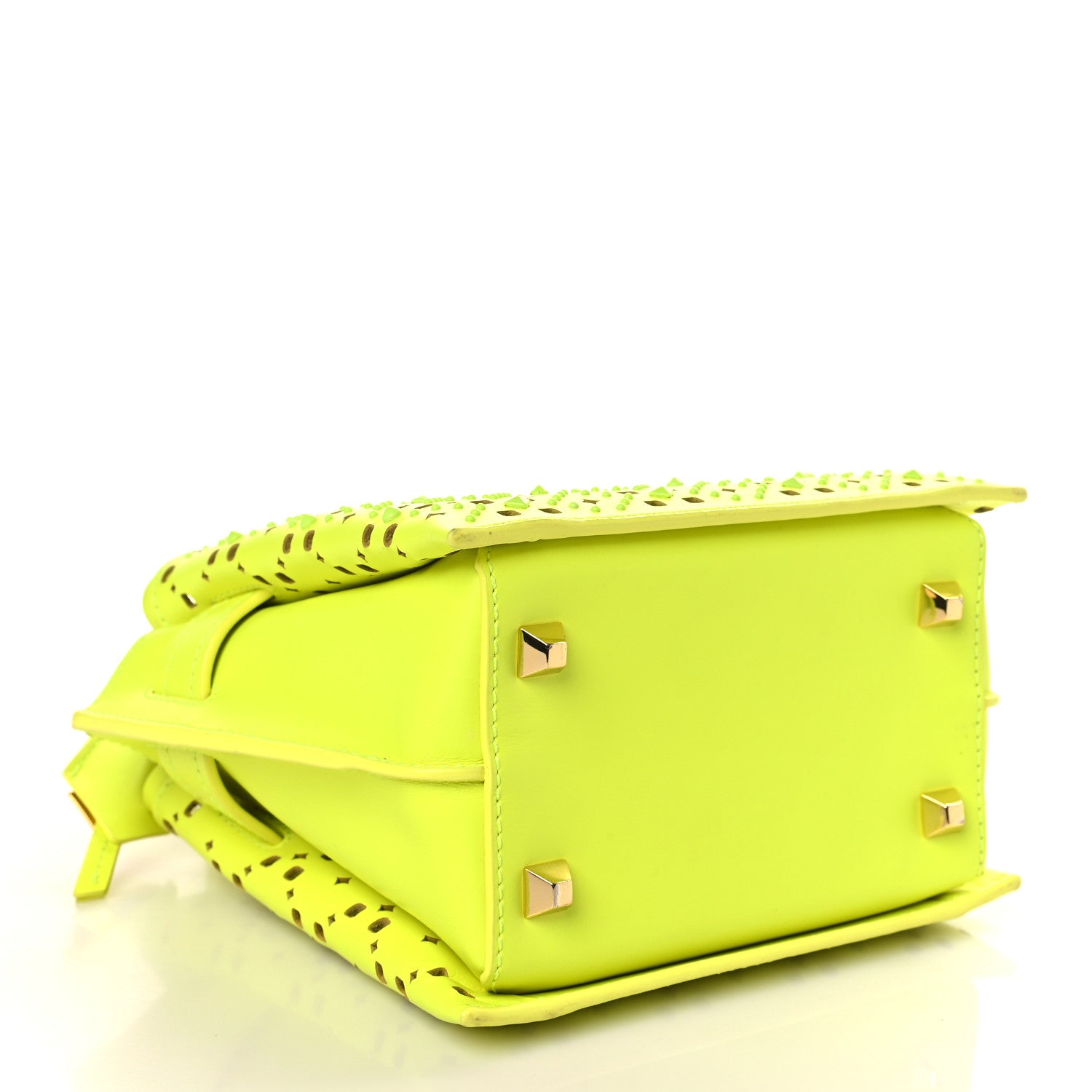 MCM Perforated Calfskin Studded Mini Milla Tote Neon Yellow 4 of 8