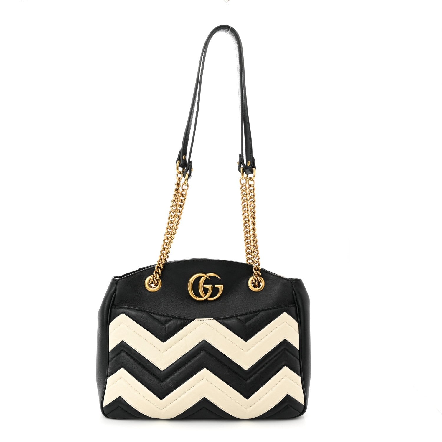 Gucci Calfskin Matelasse Medium GG Marmont Open Top Shoulder Bag Black White 1 of 12
