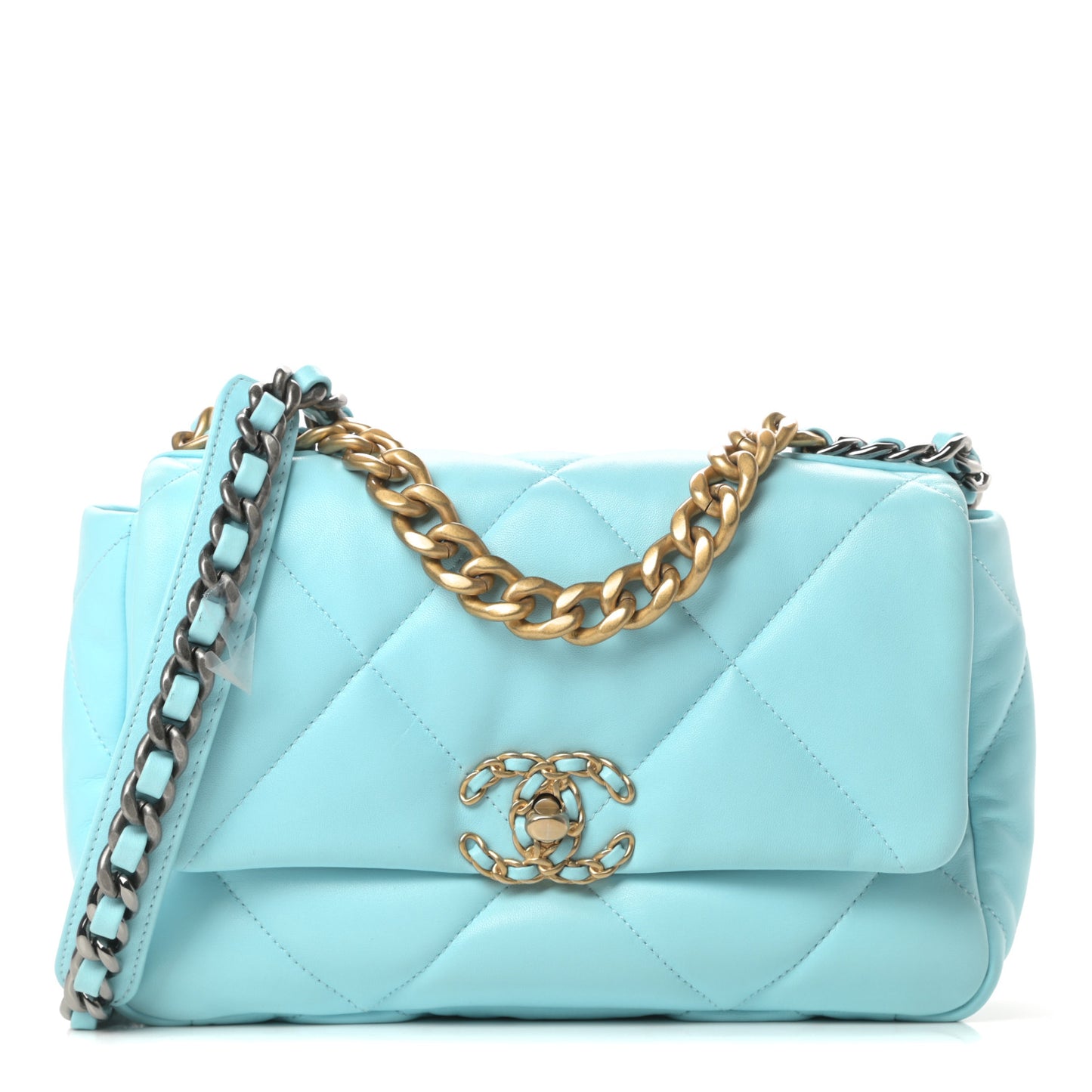 Shiny Lambskin Quilted Medium Chanel 19 Flap Neon Blue