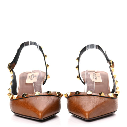 Valentino Garavani Pebbled Calfskin Rockstud Half D'Orsay Slingback 50mm Pumps 37 Cuoio 2 of 14
