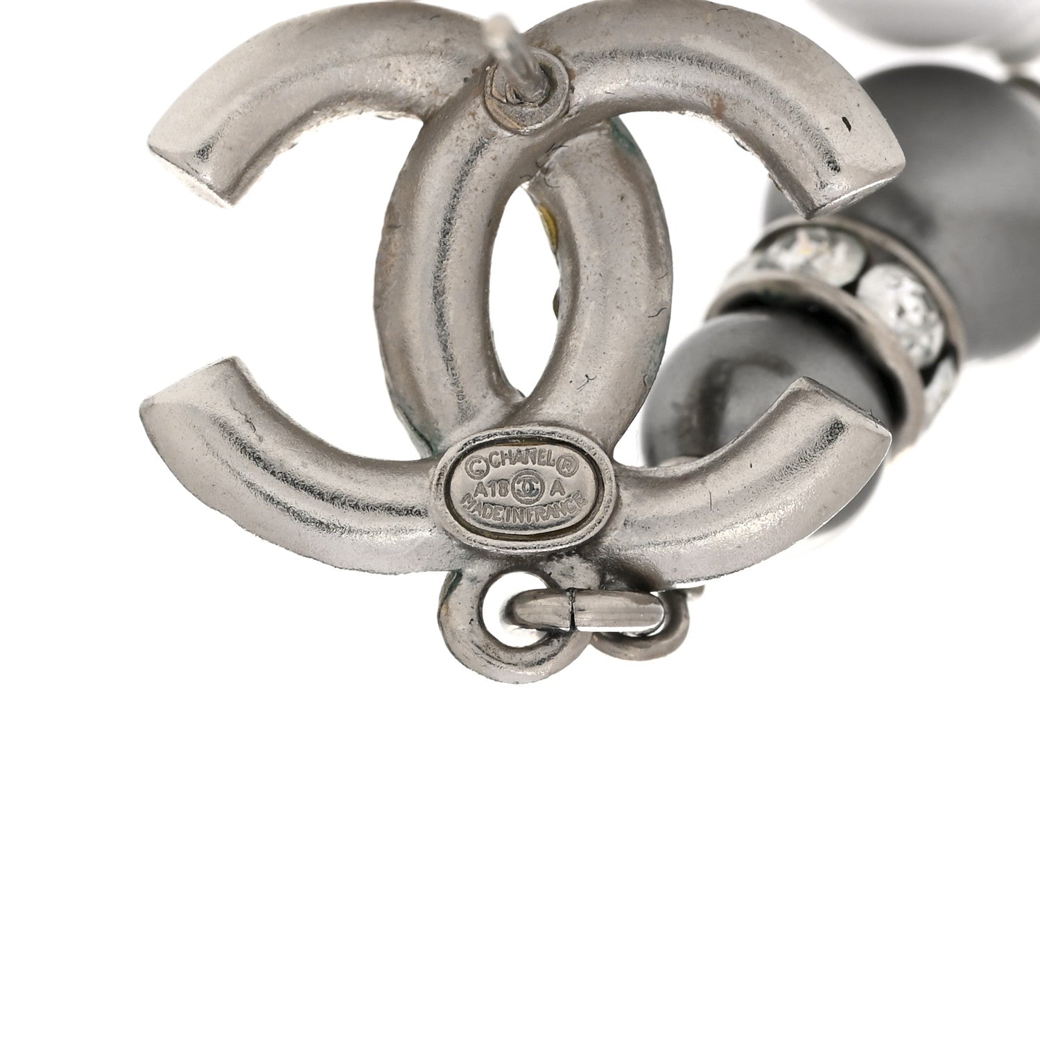 Chanel Crystal Pearl CC Drop Earrings Silver Grey 4 of 4