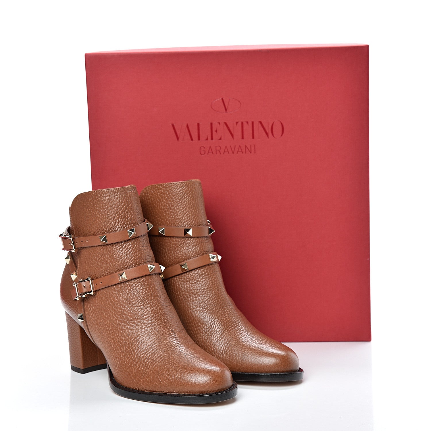 Valentino Garavani Pebbled Calfskin Rockstud Double Buckle 70mm Block Heel Ankle Boots 37 Tobacco 9 of 9