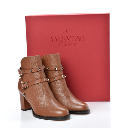 Valentino Garavani Pebbled Calfskin Rockstud Double Buckle 70mm Block Heel Ankle Boots 37 Tobacco 9 of 9