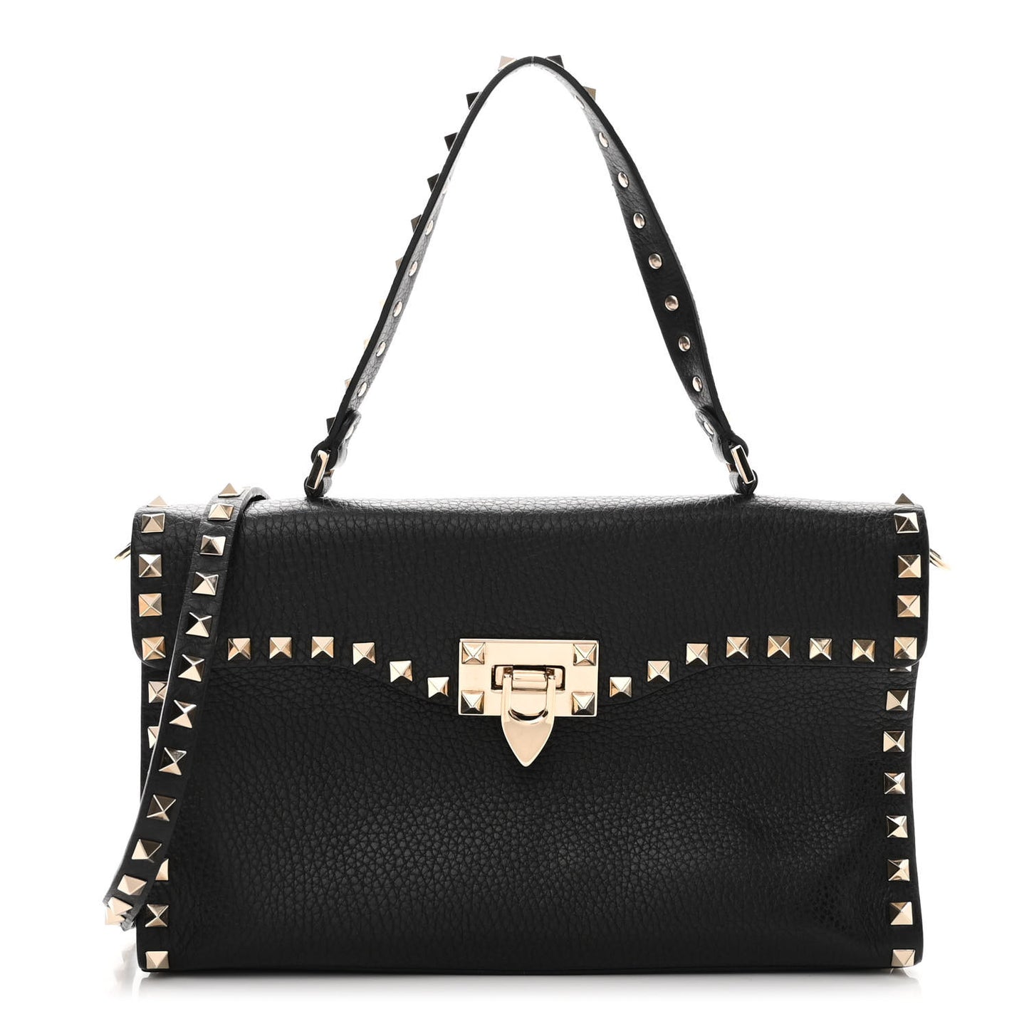 Pebbled Calfskin Small Rockstud Single Handle Flap Bag Black