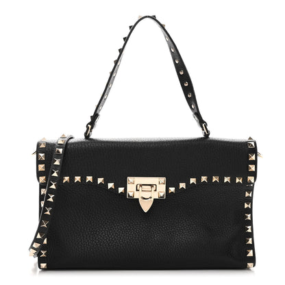 Valentino Garavani Pebbled Calfskin Small Rockstud Single Handle Flap Bag Black 1 of 9