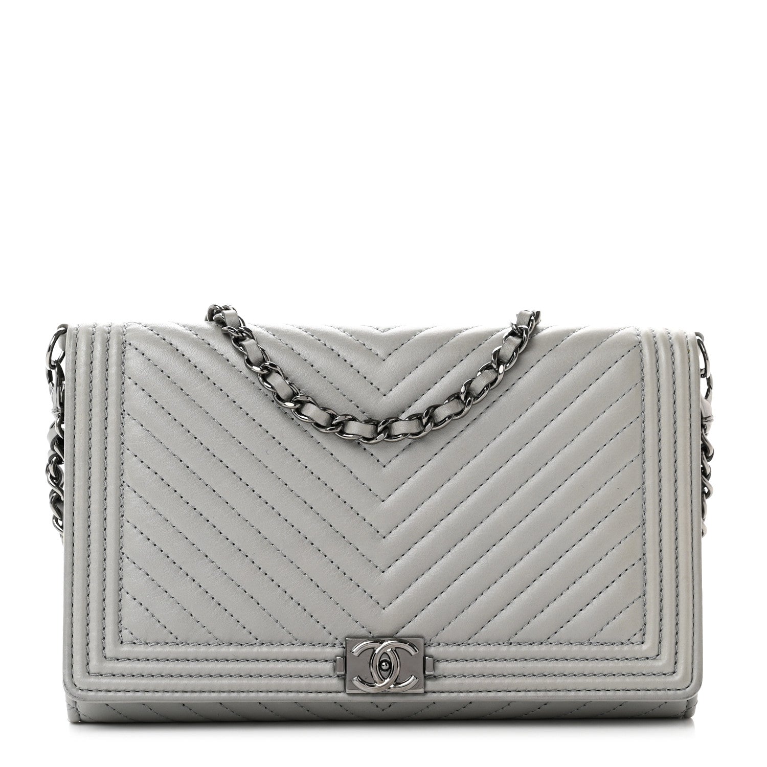 Chanel Calfskin Chevron Quilted Boy Wallet On Removable Chain WOC Grey 1 of 8