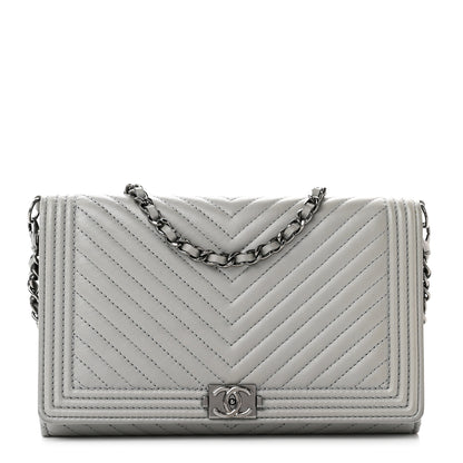 Chanel Calfskin Chevron Quilted Boy Wallet On Removable Chain WOC Grey 1 of 8