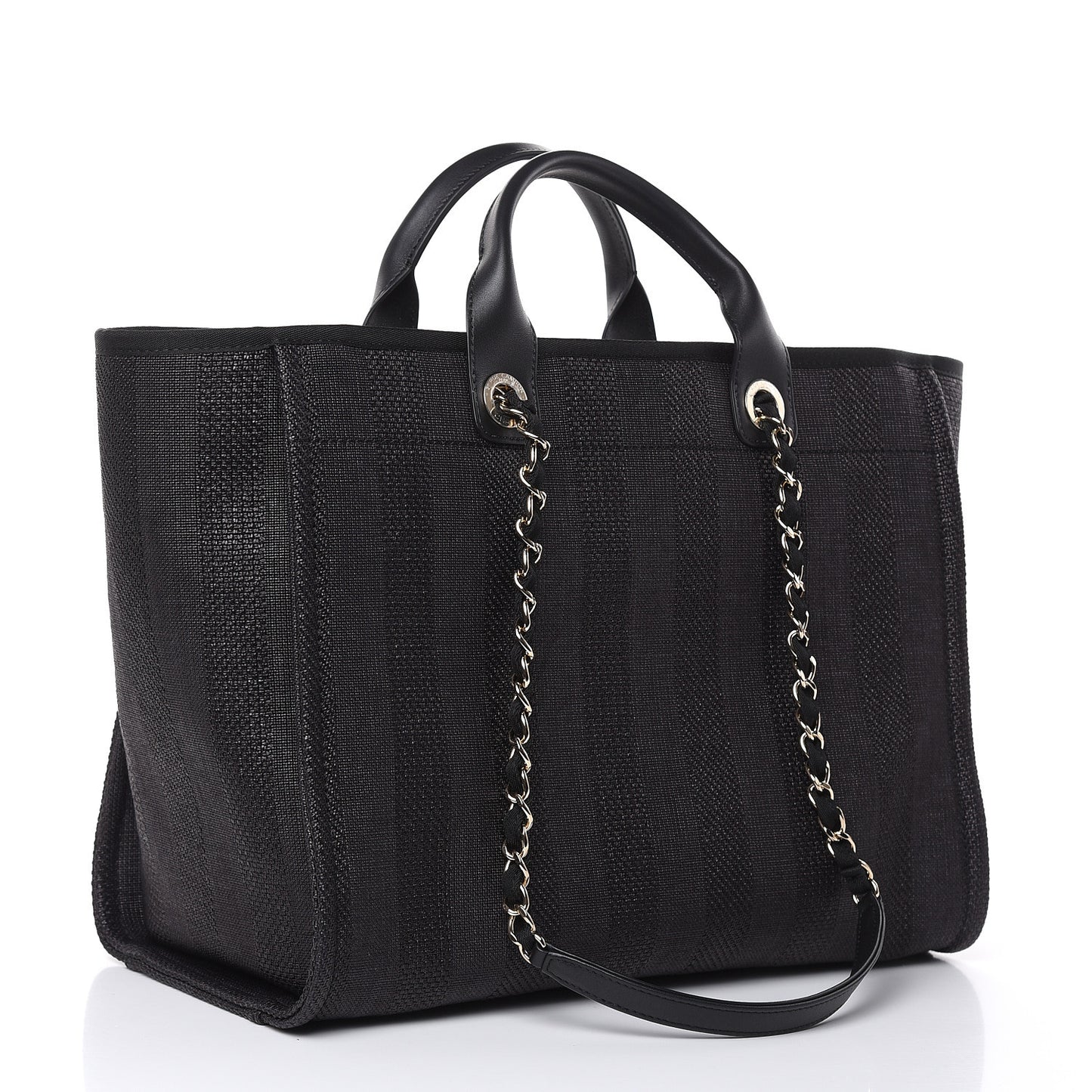 Woven Straw Raffia Striped Large Deauville Tote Black