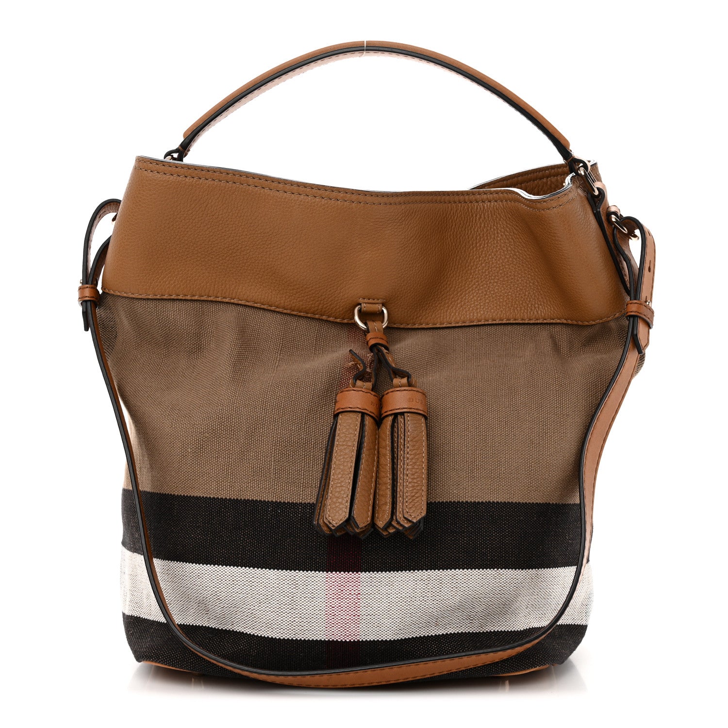 Burberry Grainy Calfskin Canvas Mega Check Medium Ashby Tassel Hobo Saddle Brown 1 of 12