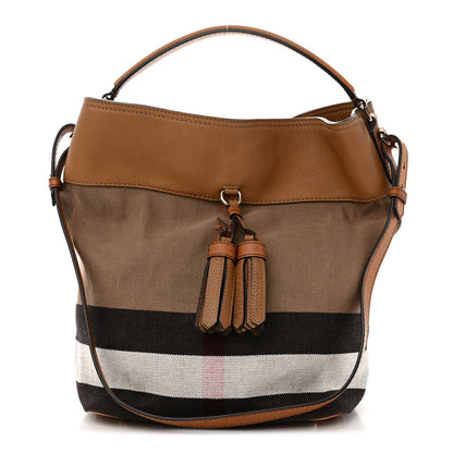 Burberry Grainy Calfskin Canvas Mega Check Medium Ashby Tassel Hobo Saddle Brown 1 of 12