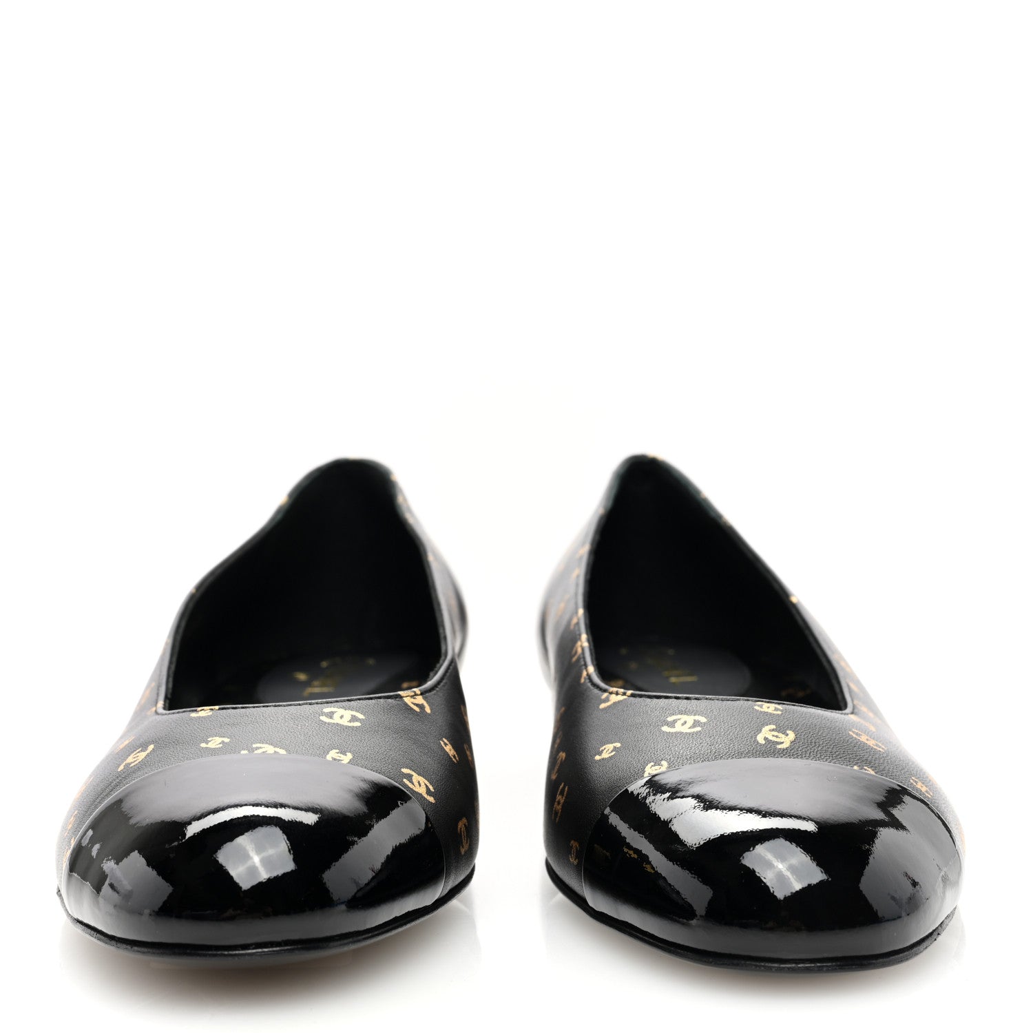 Chanel Lambskin Patent Calfskin Printed CC Cap Toe Ballerina Flats 37.5 Black Gold 3 of 9