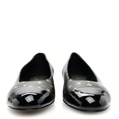 Chanel Lambskin Patent Calfskin Printed CC Cap Toe Ballerina Flats 37.5 Black Gold 3 of 9