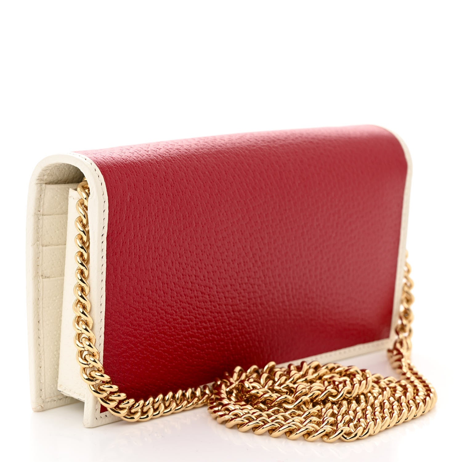 Gucci X ADIDAS Textured Dollar Calfskin Trefoil Embossed Wallet On Chain Hibiscus Red Off White 3 of 10
