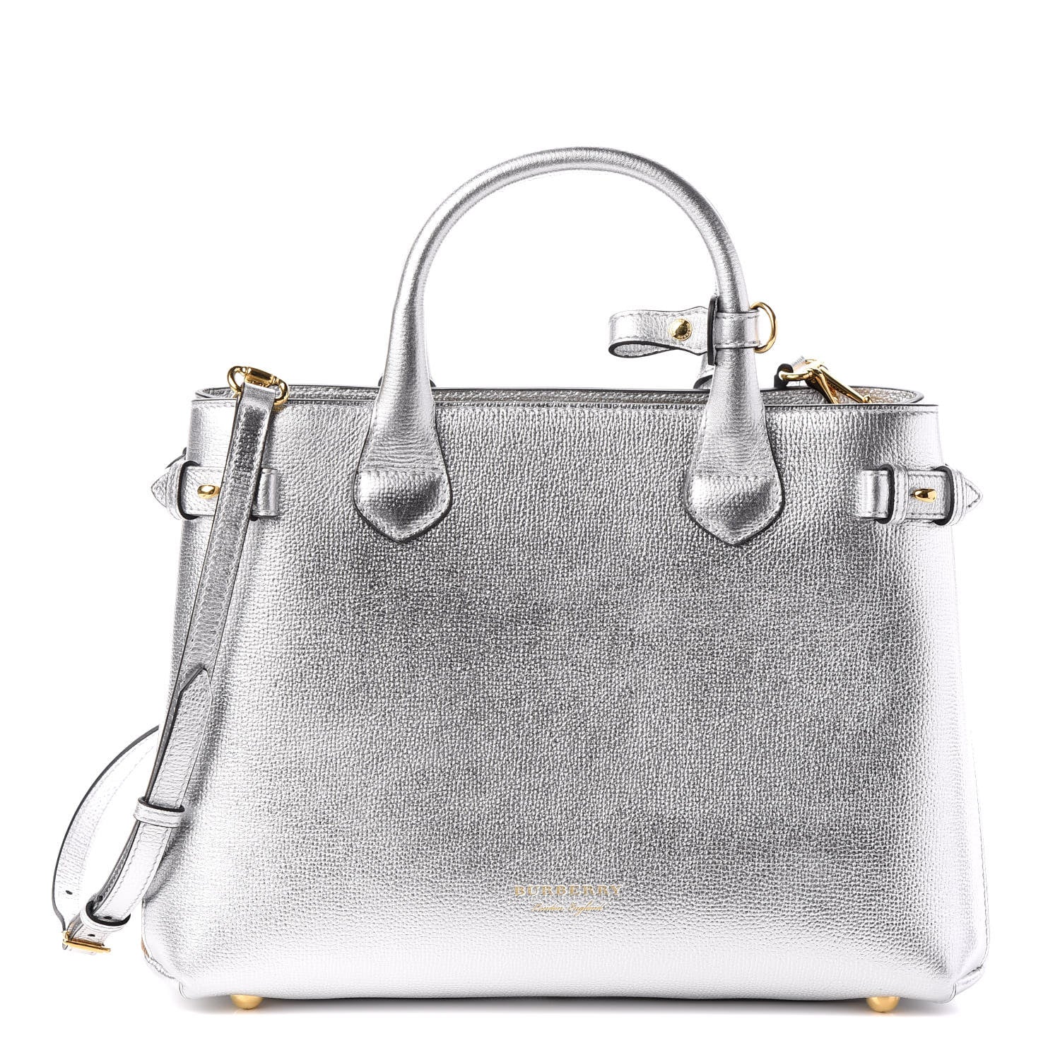 Burberry Metallic Grainy Calfskin House Check Medium Banner Tote Silver 1 of 8