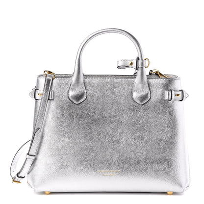 Burberry Metallic Grainy Calfskin House Check Medium Banner Tote Silver 1 of 8