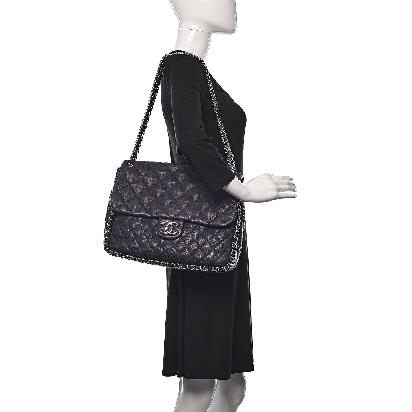 Washed Lambskin Quilted Chain Around Maxi Flap Dark Navy Blue