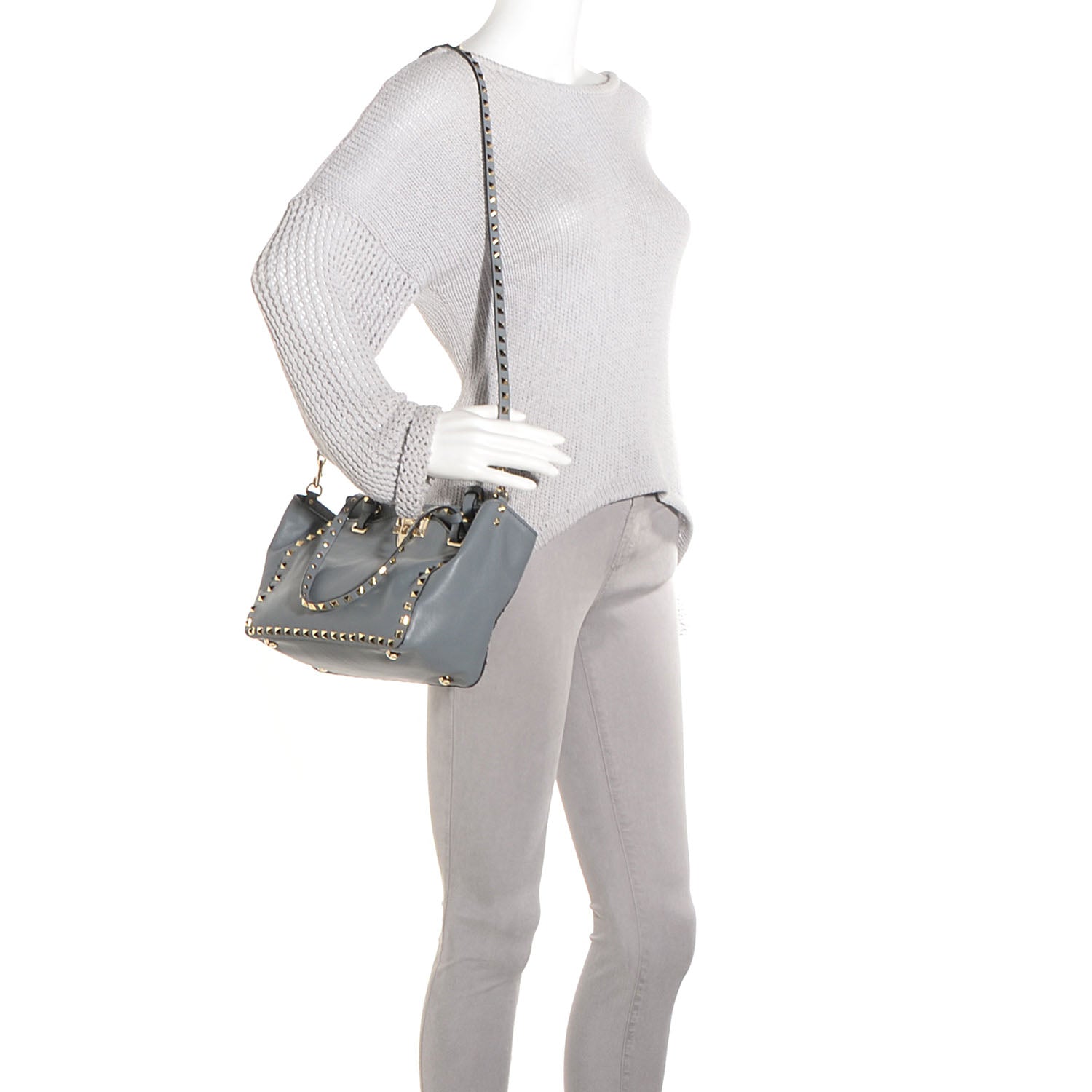 Valentino Garavani Vitello Small Rockstud Tote Grey 8 of 8