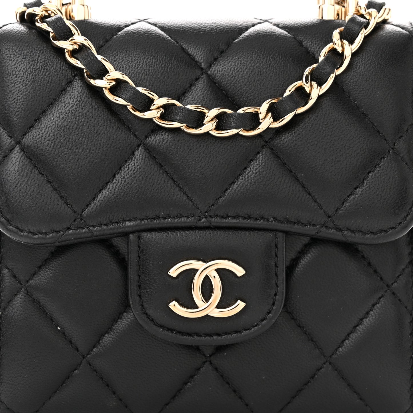 Lambskin Quilted Top Handle Flap Clutch With Chain Black