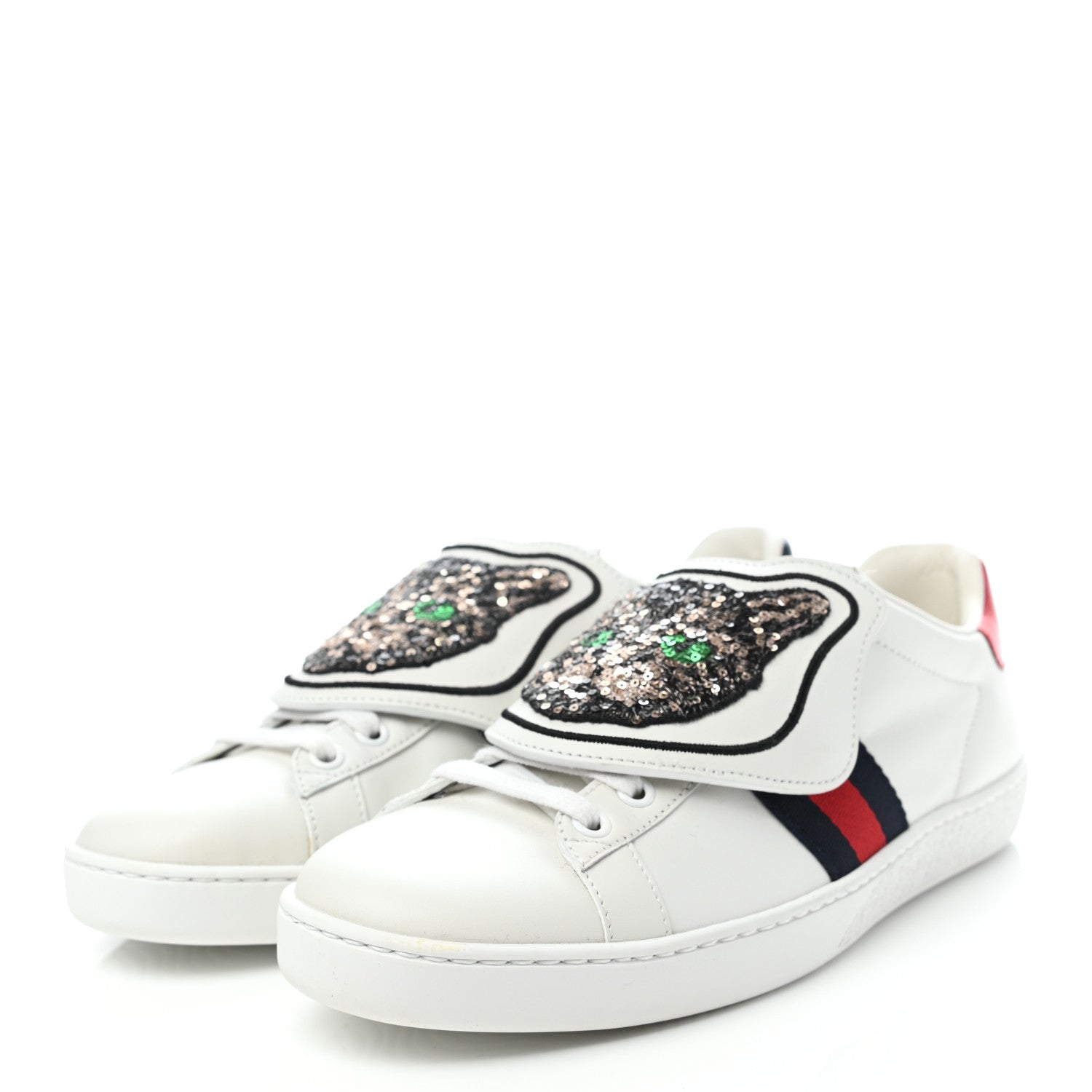 Gucci Calfskin Sequins Web Cat Womens Ace Sneakers 38 White 3 of 8