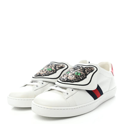 Gucci Calfskin Sequins Web Cat Womens Ace Sneakers 38 White 3 of 8