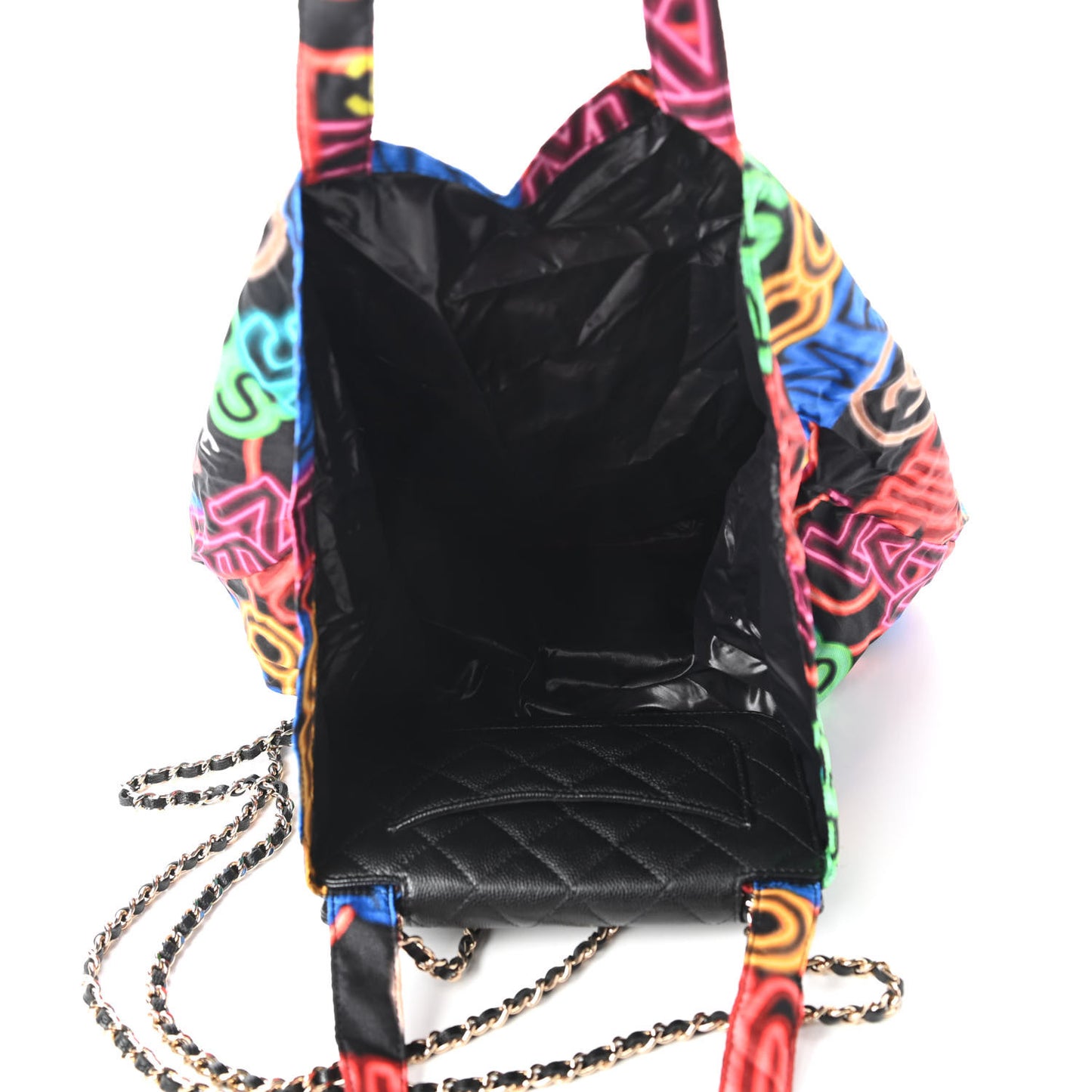 Caviar Fabric Quilted Foldable Tote With Chain Black Multicolor