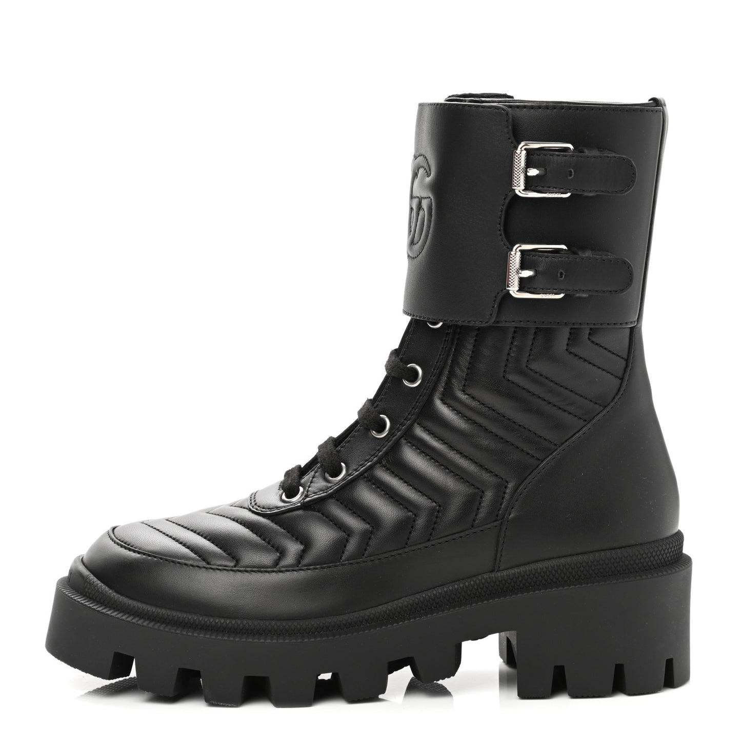 Nappa Frances GG Matelasse Platform Combat Boots 35.5 Black