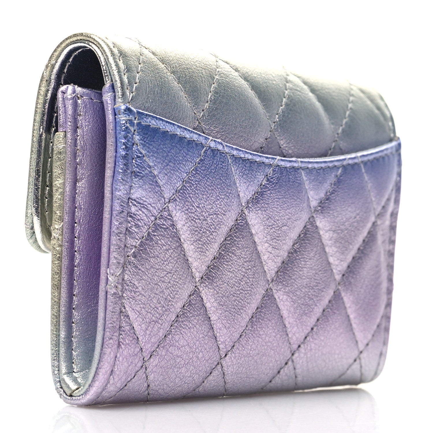 Chanel Gradient Metallic Calfskin Quilted Flap Card Holder Wallet Silver Blue Yellow Purple 3 of 10
