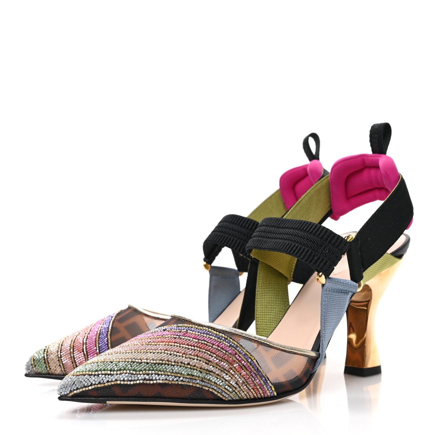 Fendi Technical Mesh FF Rainbow Beaded Colibri 85mm Slingback Pumps 37.5 Tobacco Black Multicolor 5 of 16